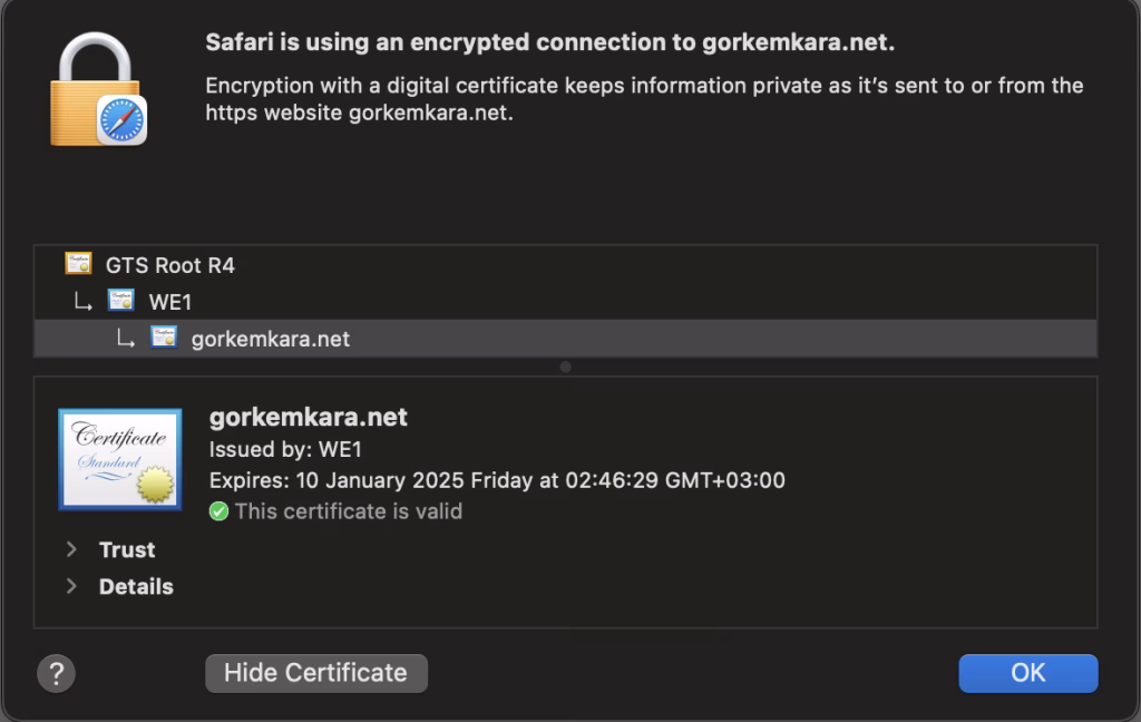 display certificate in opened browser